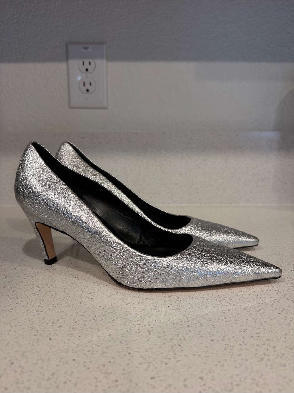 Good American Metallic Silver Pointed-Toe Kitten Heels